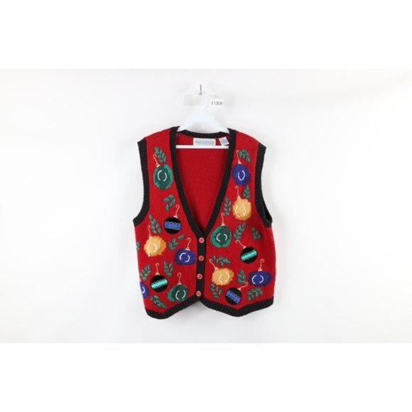 Vintage Sweaters - Vintage 90s Streetwear Medium Christmas Ornaments Knit Cardigan Sweater Vest